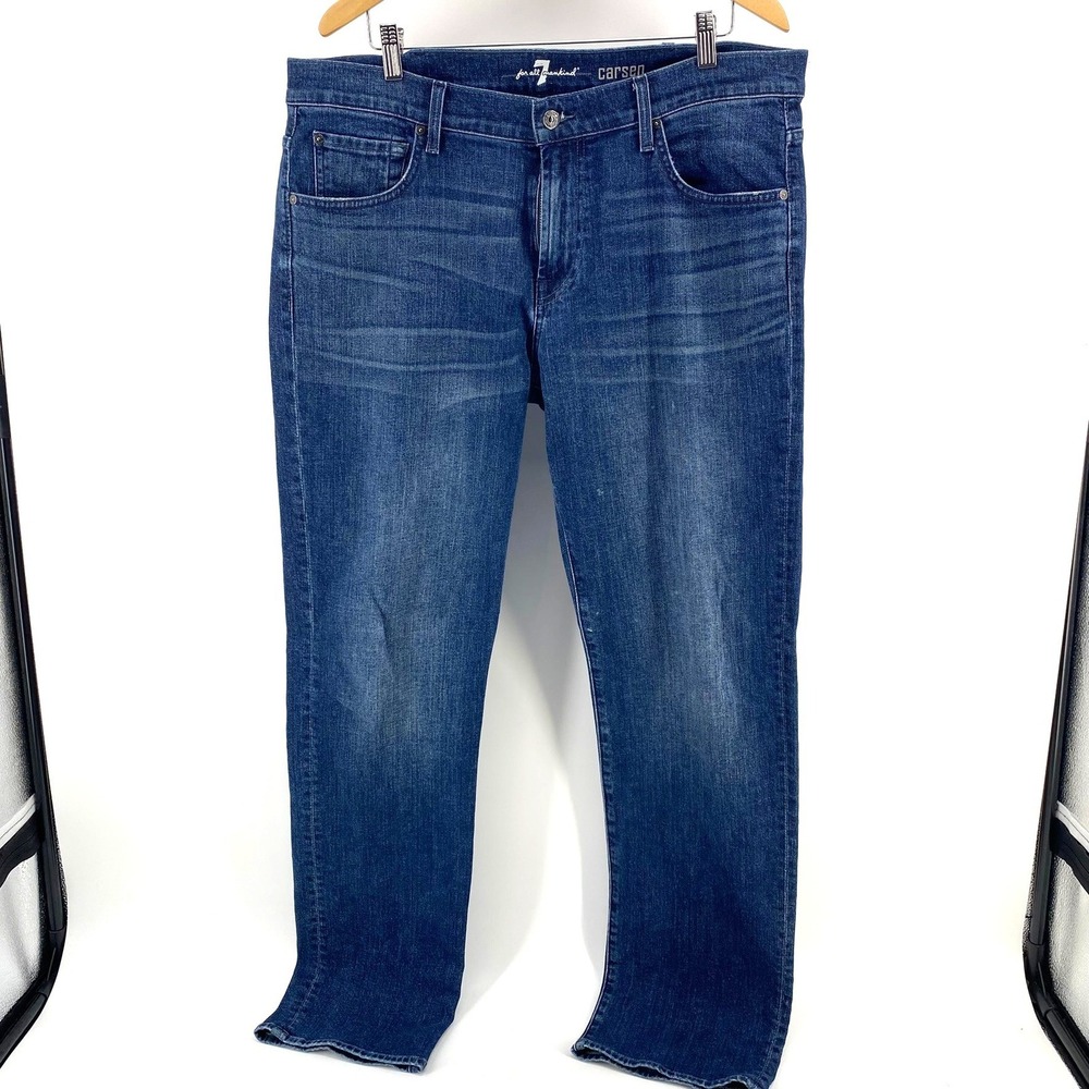 7 For All Mankind Carsen Men Jeans Medium Wash 38x35 Easy Fit Straight Stretch - Picture 3 of 4